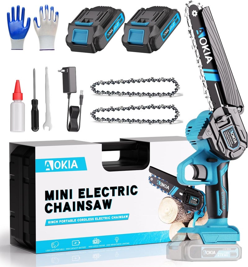 Aokia Electric Mini Chainsaw Cordless, Small Hand held 20V Power 2 Battery With Charger 6 Inch Saw Powered Operated Household and Garden Cut Tree Trimming Wood Gifts for Father Husband Men&Mother - Image 1